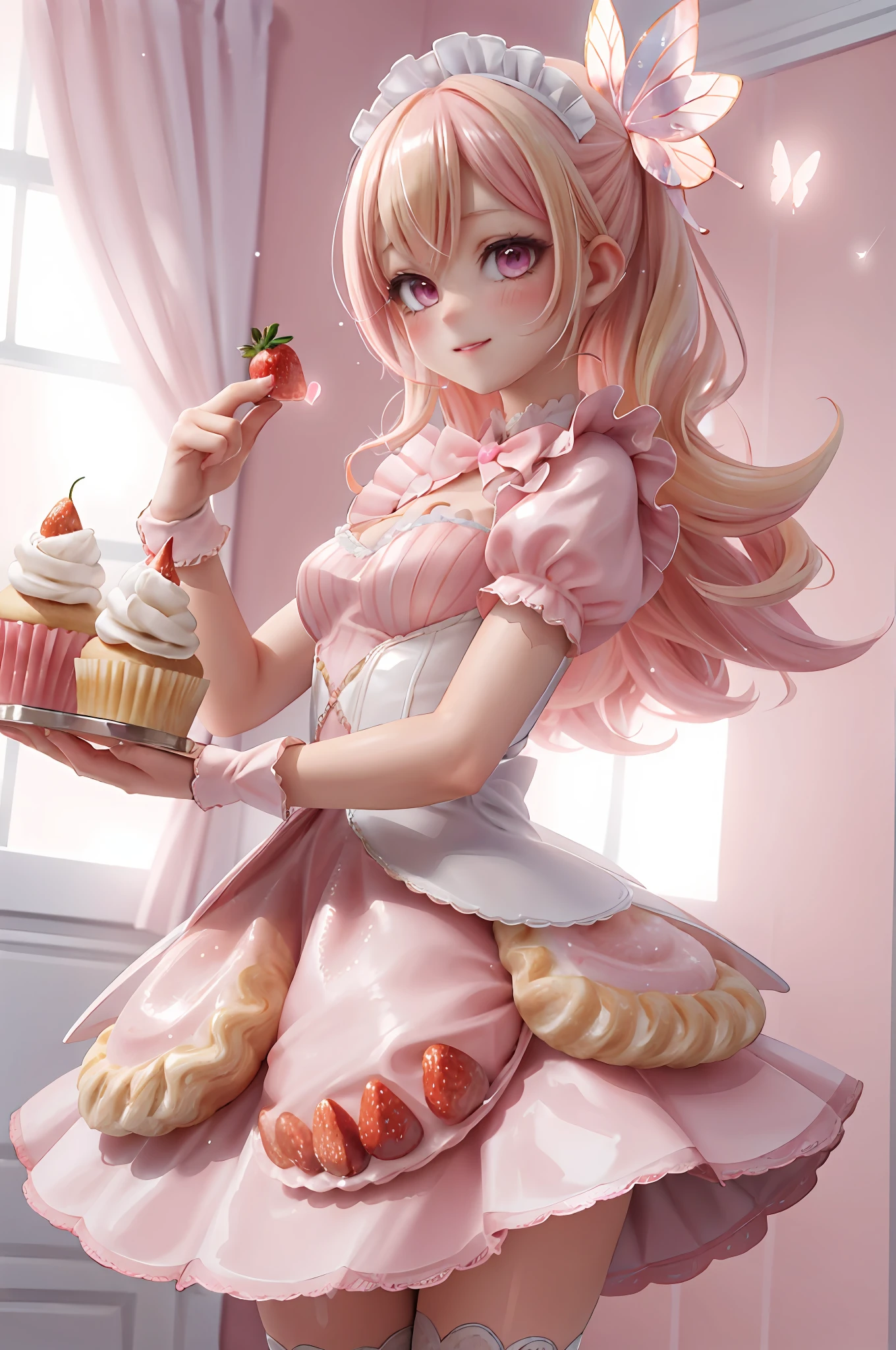 1girl, cupcake theme, pastries, strawberry and vanilla flavored, shiny, sparkles, butterflies and glitter, pearlescent, flavorful, delicious, maid outfit in pink and white, blonde with pink hair streakes, gradient_hair