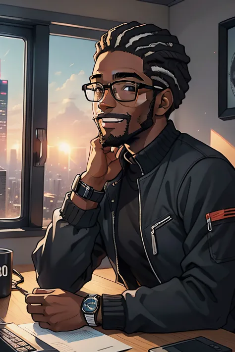 a 30-year-old black man in modern glasses, cabelo curto, little brunette beard with warm smile looking out at the horizon from h...