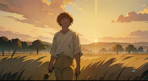 Denji strolling through a field in a white shirt, captured in a breathtaking oil painting by the talented artist Jessica Anderso...