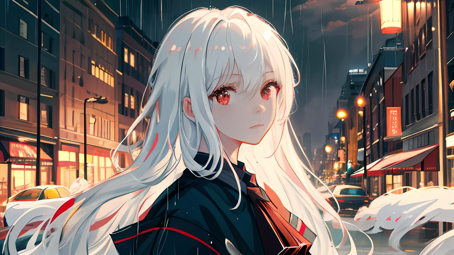 masterpiece, best quality, extremely detailed, cinematic lightning, intricate detail, highres, official art, finely detailed beautiful face and eyes, high resolution illustration, 8k, depth of field, bokeh, solo, 1girl, a girl with white hair and red eyes, long white hair, beautiful red eyes, beautiful landscape, rainy city, upper body, looking at viewer, close up