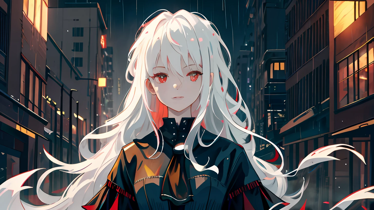 masterpiece, best quality, extremely detailed, cinematic lightning, intricate detail, highres, official art, finely detailed beautiful face and eyes, high resolution illustration, 8k, depth of field, bokeh, solo, 1girl, a girl with white hair and red eyes, long white hair, beautiful red eyes, beautiful landscape, rainy city, upper body, looking at viewer, close up