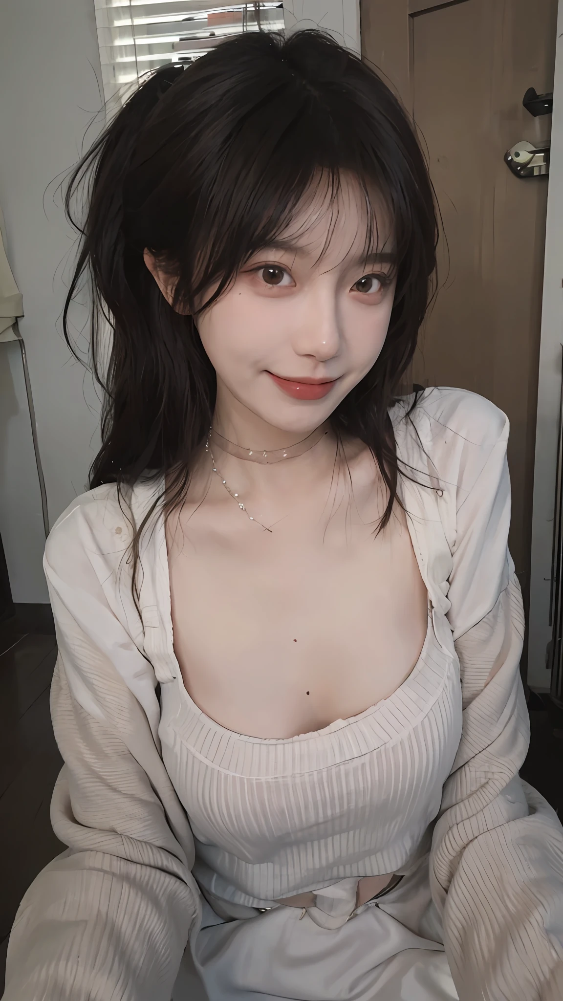 best qualtiy， Ultra-high resolution， （realisticlying：1.4），cute hairpin，Baoyu Girl，1girll, Beautiful woman with a slim figure:1.4, abs:1.1, (A brown-haired, mideum breasts:1.3), Long pink sweater:1.1, bathroom,Ultra-fine face，Elaborate Eyes，double eyelid，ssmile，choker necklace