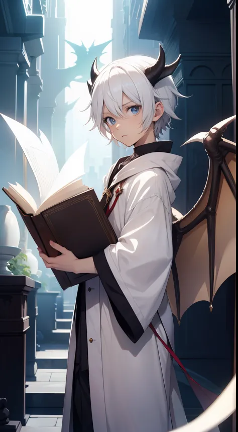 an anime boy wearing white sorcerer's clothes holding a floating book with dragon horns and dragon wings , Cabelos brancos curto...