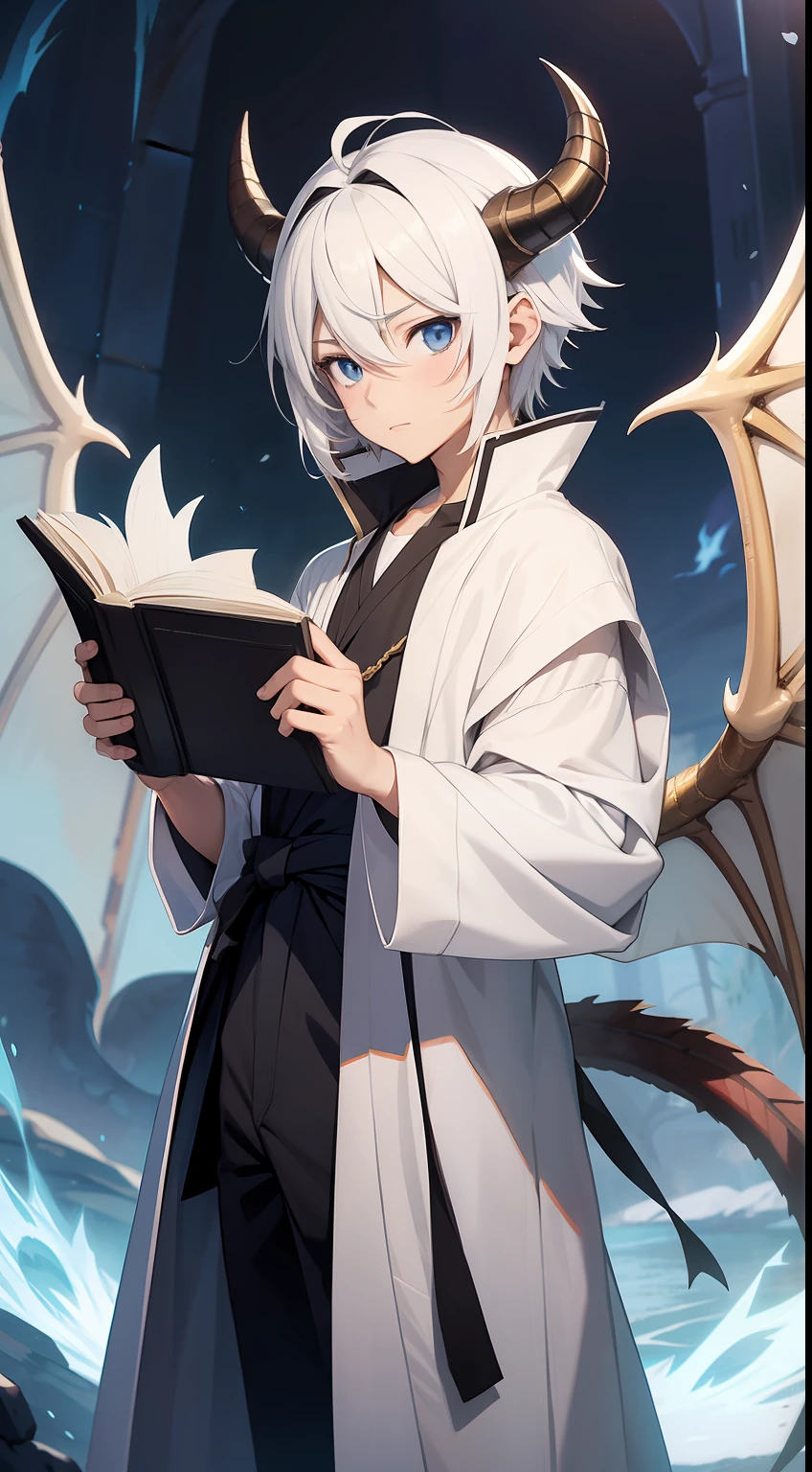 un chico anime vestido con ropas blancas de hechicero sosteniendo un libro flotante con cuernos de dragón y alas de dragón , pelo corto y blanco