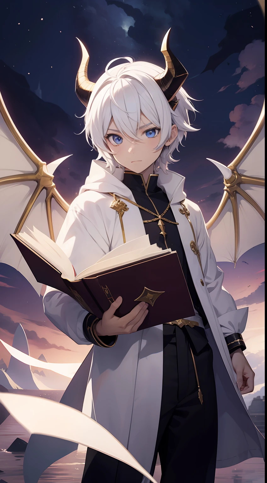 un chico anime vestido con ropas blancas de hechicero sosteniendo un libro flotante con cuernos de dragón y alas de dragón , pelo corto y blanco