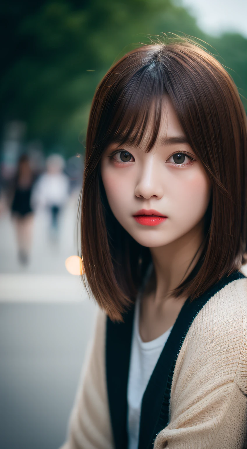 ​masterpiece, top-quality, Raw foto, Photorealsitic、full body Esbian、 beautiful a girl, cute little, shorth hair, depth of fields, hight resolution, ultra-detailliert, finely detail, ighly detailed, extremely detailed eye and face, Sharp pupils, Realistic pupils, foco nítido, Cinematic lighting、small 、In the street、Casual wear