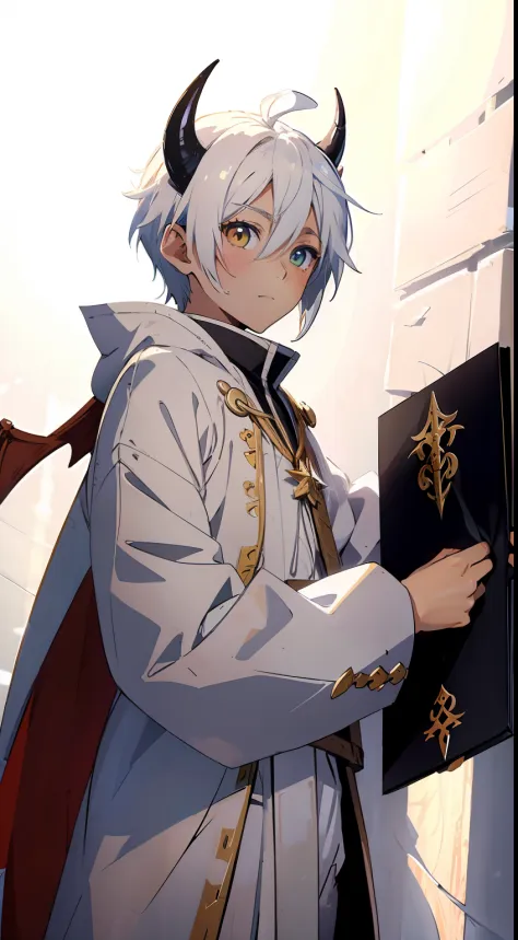 An anime boy wearing white wizard clothes holding a floating book with dragon horns and dragon wings, short white hair