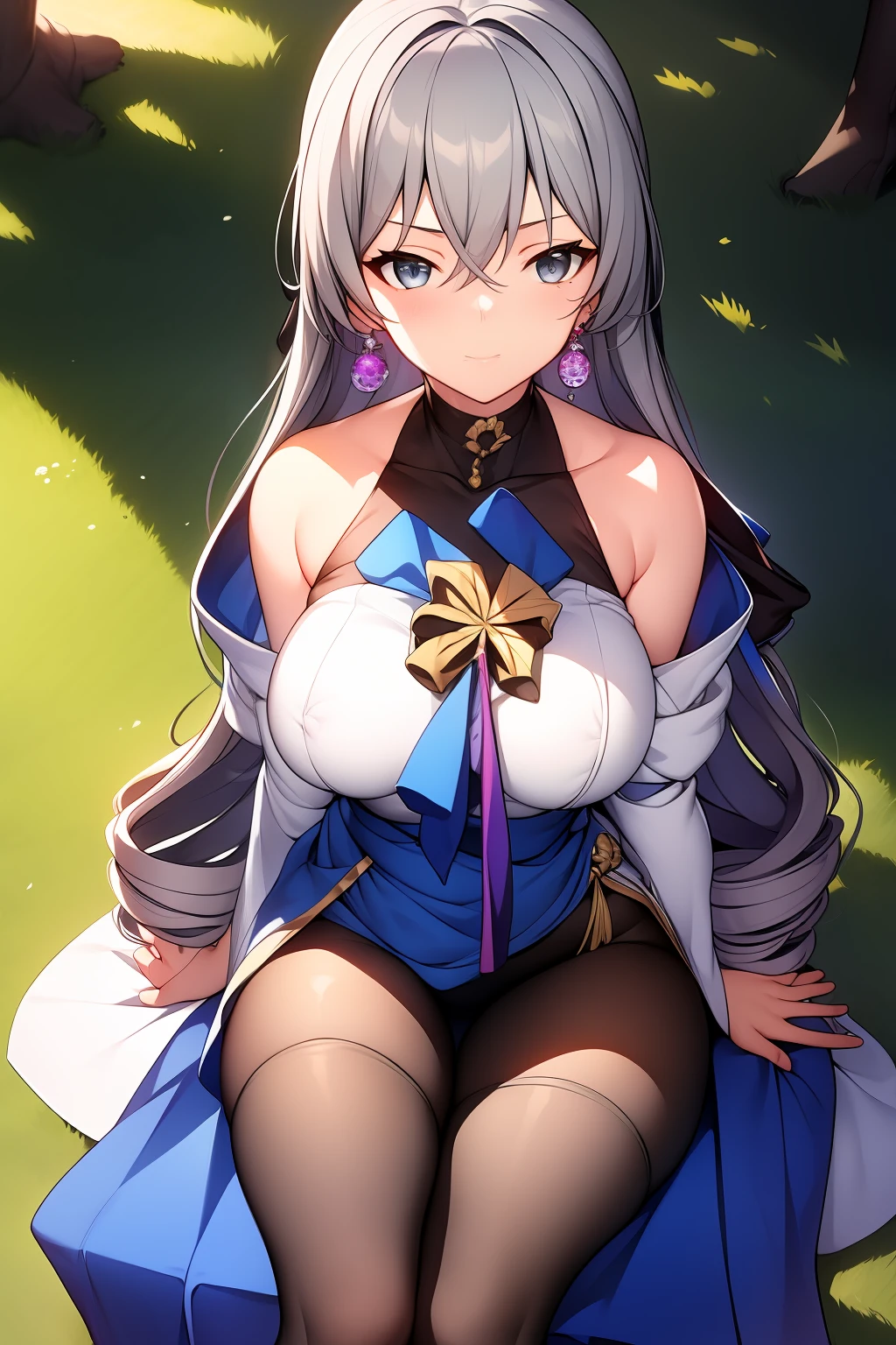 (masterpiece),best quality, expressive eyes, perfect face, 1girl,
big breast, H-cup, good breast, beautiful, gorgeous,anime,girl,lora, 
 nipple visible  though clothes,ph bronya,
1girl,
solo,
earrings,
long hair,
grey hair,
drill hair,
grey eyes,pantyhose,w sitting, w sitting on ground, legs on ground, hands between thighs, arms between legs, both arms between legs,hands between legs,hand on chest