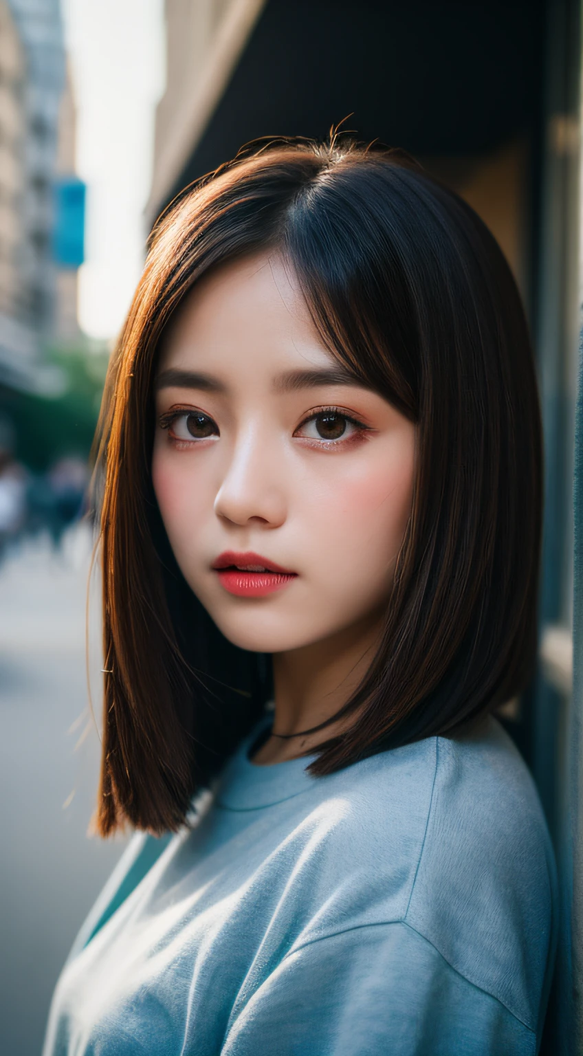 ​masterpiece, top-quality, Raw foto, Photorealsitic、full body Esbian、 beautiful a girl, cute little, shorth hair, depth of fields, hight resolution, ultra-detailliert, finely detail, ighly detailed, extremely detailed eye and face, Sharp pupils, Realistic pupils, foco nítido, Cinematic lighting、small 、In the street、Casual wear