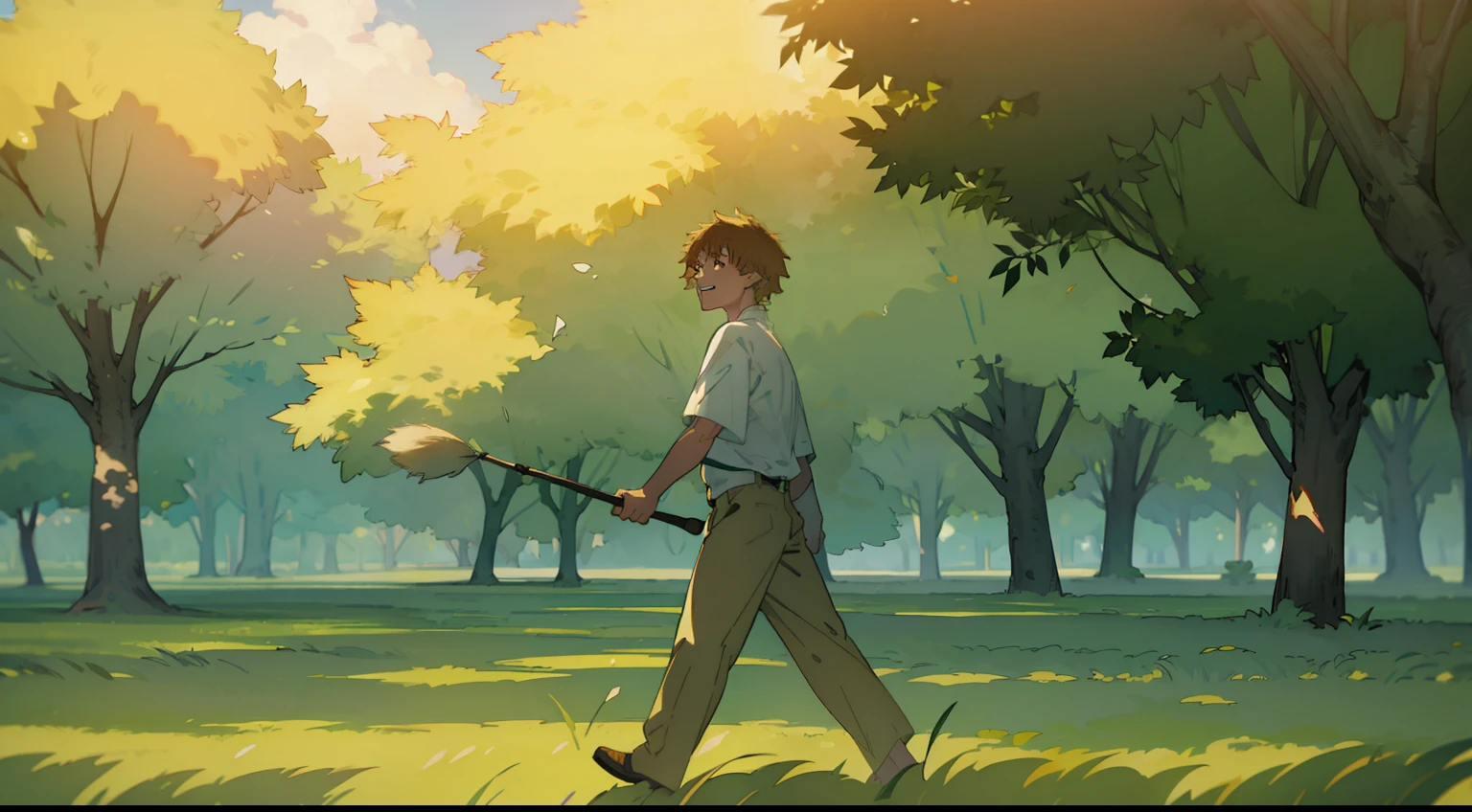 Denji, sporting a white shirt, gracefully navigating through a vast field, immortalized in a stunning watercolor masterpiece by the renowned artist Maria Lopez. The scene boasts a delicate balance of vivid colors, creating an ethereal ambiance. The brush strokes convey a sense of movement, mirroring Denji's leisurely stroll. The color temperature leans towards cooler tones, evoking a refreshing feeling. His facial expression radiates joy and wonder, complemented by dappled sunlight filtering through the trees. --v 5 --stylize 1000