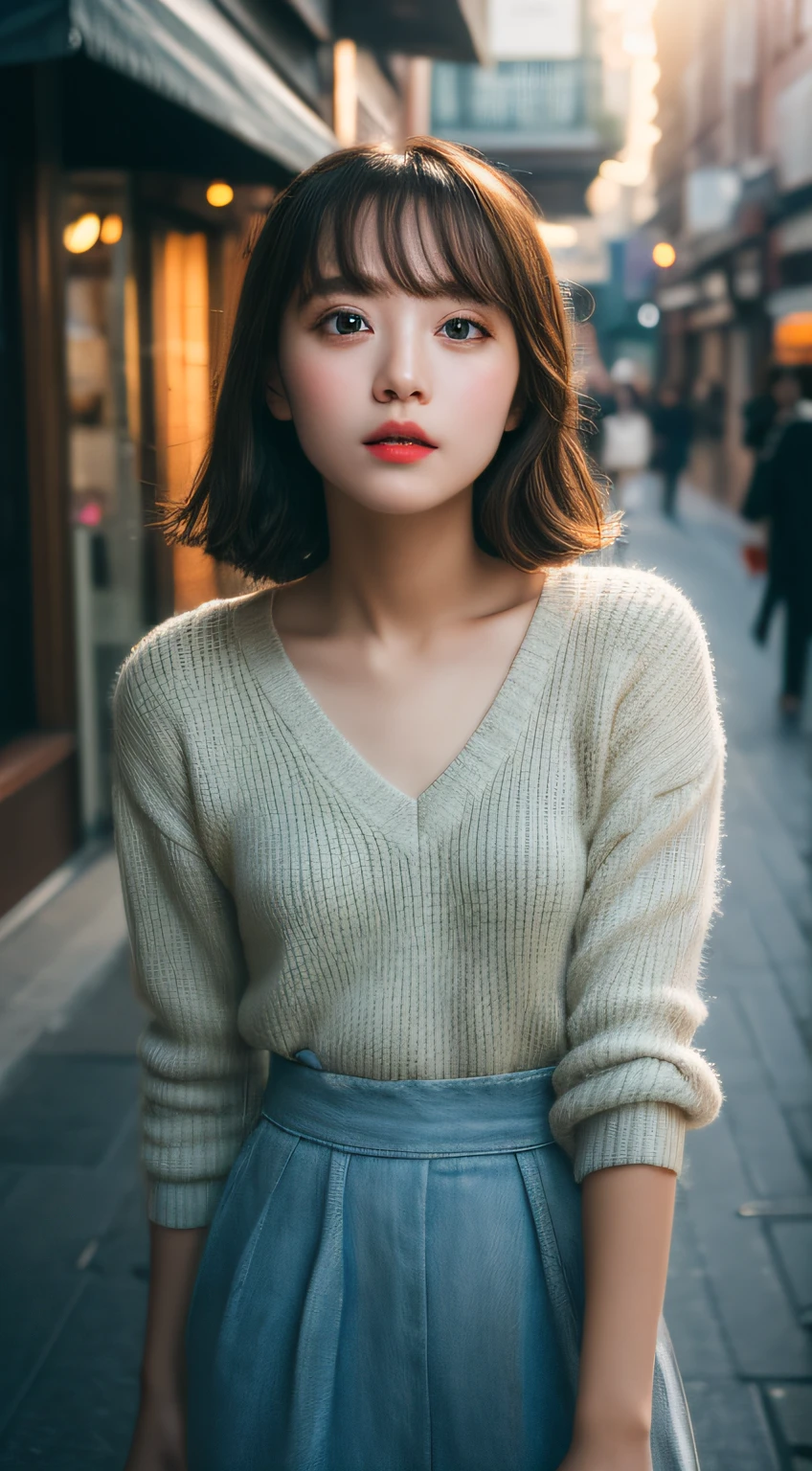 ​masterpiece, top-quality, Raw foto, Photorealsitic、full body Esbian、 beautiful a girl, cute little, shorth hair, depth of fields, hight resolution, ultra-detailliert, finely detail, ighly detailed, extremely detailed eye and face, Sharp pupils, Realistic pupils, foco nítido, Cinematic lighting、small tits、In the street、Casual wear