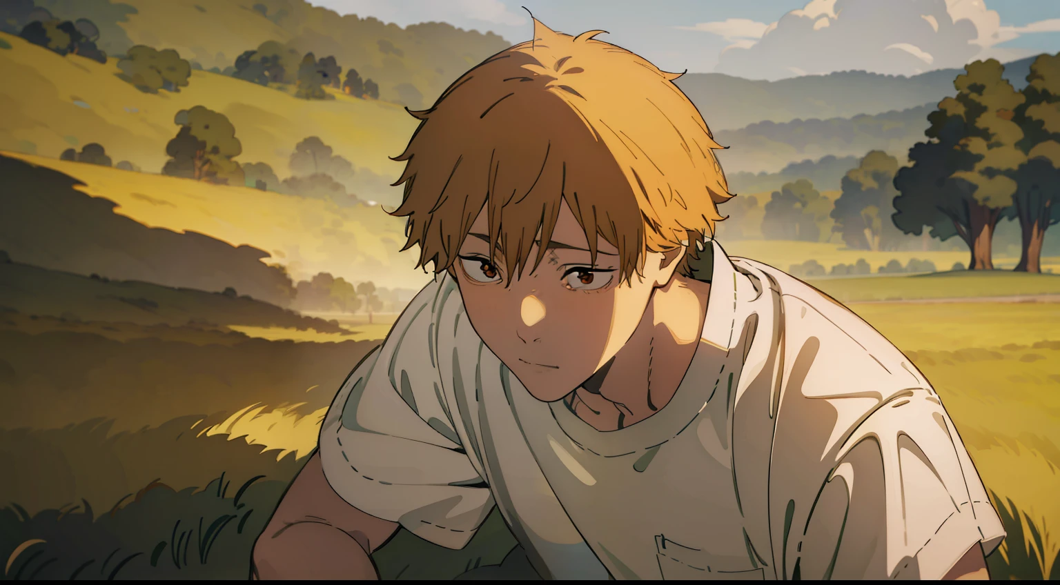Denji stumbles upon a charming field while wearing a white shirt, brought to life through intricate and detailed illustration by the skilled artist Emily Wang. The illustration style combines elements of realism and fantasy, giving the scene a unique charm. The color palette is a blend of warm and cool tones, adding depth and dimension to the artwork. Denji's facial expression reflects a sense of awe and tranquility. The lighting casts long shadows, creating a sense of serenity and timelessness. --v 5 --stylize 1000