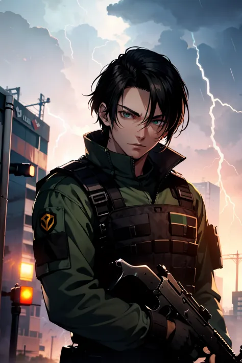 young man, medium black hair, 20 years old, leon kennedy face, black bulletproof vest, green army combat shirt, holding a submac...