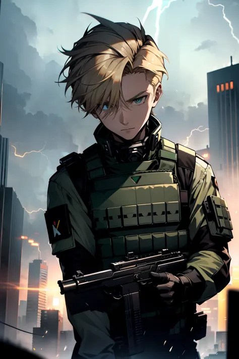 young man, medium blonde hair, 20s, black bulletproof vest, green army combat shirt, holding a submachine gun, in a thunderstorm...