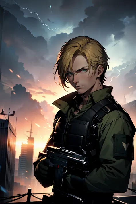 young man, leon  kennedy face, blonde hair, , black letter bulletproof vest, green army combat shirt, holding a submachine gun, ...