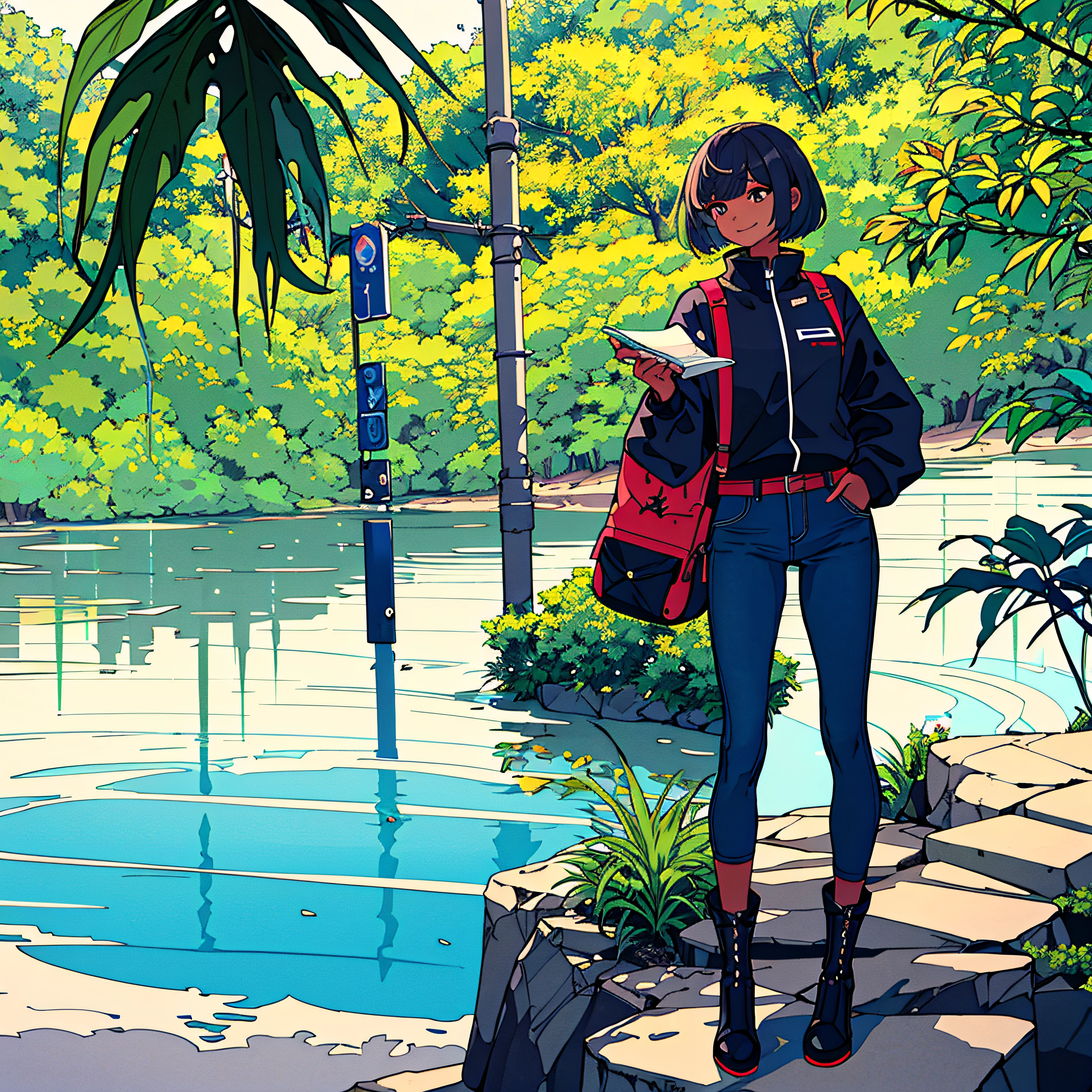 Masterpiece artwork, intricate-detail, best qualityer, full body capture, 1woman, dark skin, Woman standing looking to the side, uniforme explorer, jeans, booties, mitts, hat, ssmile, dinamic pose, ornements de cabelo, 独奏, waterfall, Riu, water, plant, flowers, Roadside: 1.1, gazing at viewer, borboleta, tree, flowersesta, Gita, traveller, ornements, duffel bag, backpacker,