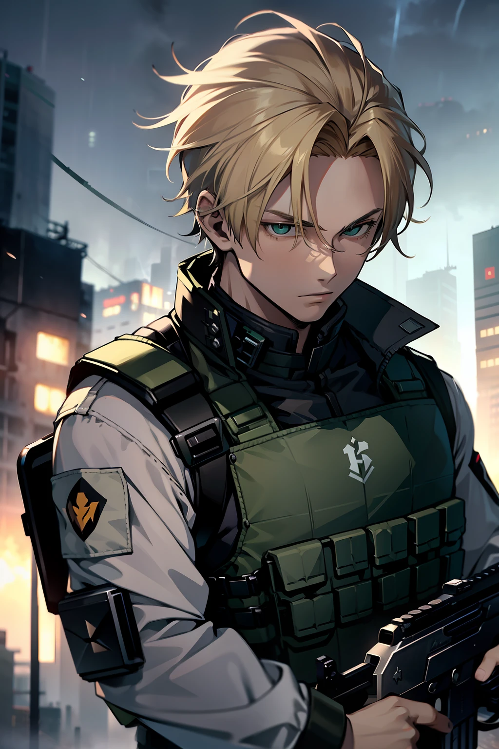 un jeune homme, cheveux blonds moyens, 20s, Gilet pare-balles noir, chemise de combat de l&#39;armée verte, Tenir une mitraillette, dans un orage, tours en arrière-plan