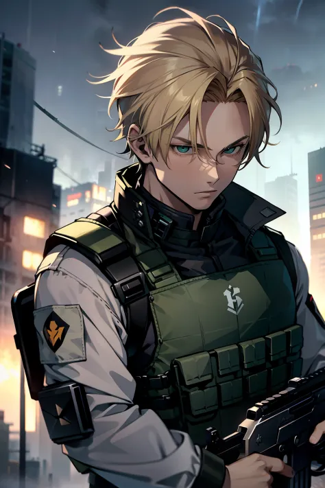 young man, medium blonde hair, 20s, black bulletproof vest, green army combat shirt, holding a submachine gun, in a thunderstorm...