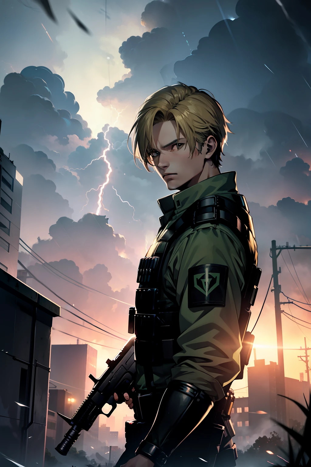 homem jovem, Rosto de Leon Kennedy, cabelo loiro, , colete à prova de balas de letra preta, camisa de combate verde do exército, segurando uma metralhadora, em uma tempestade, Torres ao fundo