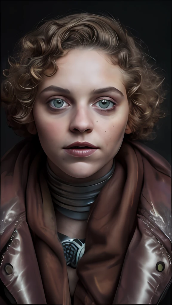 High detail RAW color (full body shot:1.3) of pale beautiful 18 years old woman (((undressed))) (((Amused beautiful, short curly hair, slim) with angular face, feminine, large eyes)), ((wearing rags, damaged)) cape, realistic, symmetrical, highly detailed, harsh lighting, cinematic lighting, art by artgerm and greg rutkowski and alphonse mucha, serious eyes, contrast, textured skin, cold skin pores, hasselblad, 45 degree, hard light, gigapixel , feet visible, flawless face, (freckles:.25), perfect shaved, cyber punked wattson