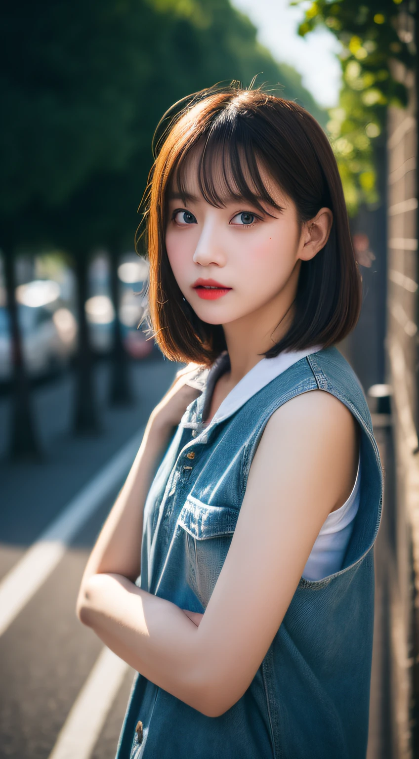 ​masterpiece, top-quality, Raw foto, Photorealsitic、full body Esbian、 beautiful a girl, cute little, shorth hair, depth of fields, hight resolution, ultra-detailliert, finely detail, ighly detailed, extremely detailed eye and face, Sharp pupils, Realistic pupils, foco nítido, Cinematic lighting、small 、In the street、Casual wear