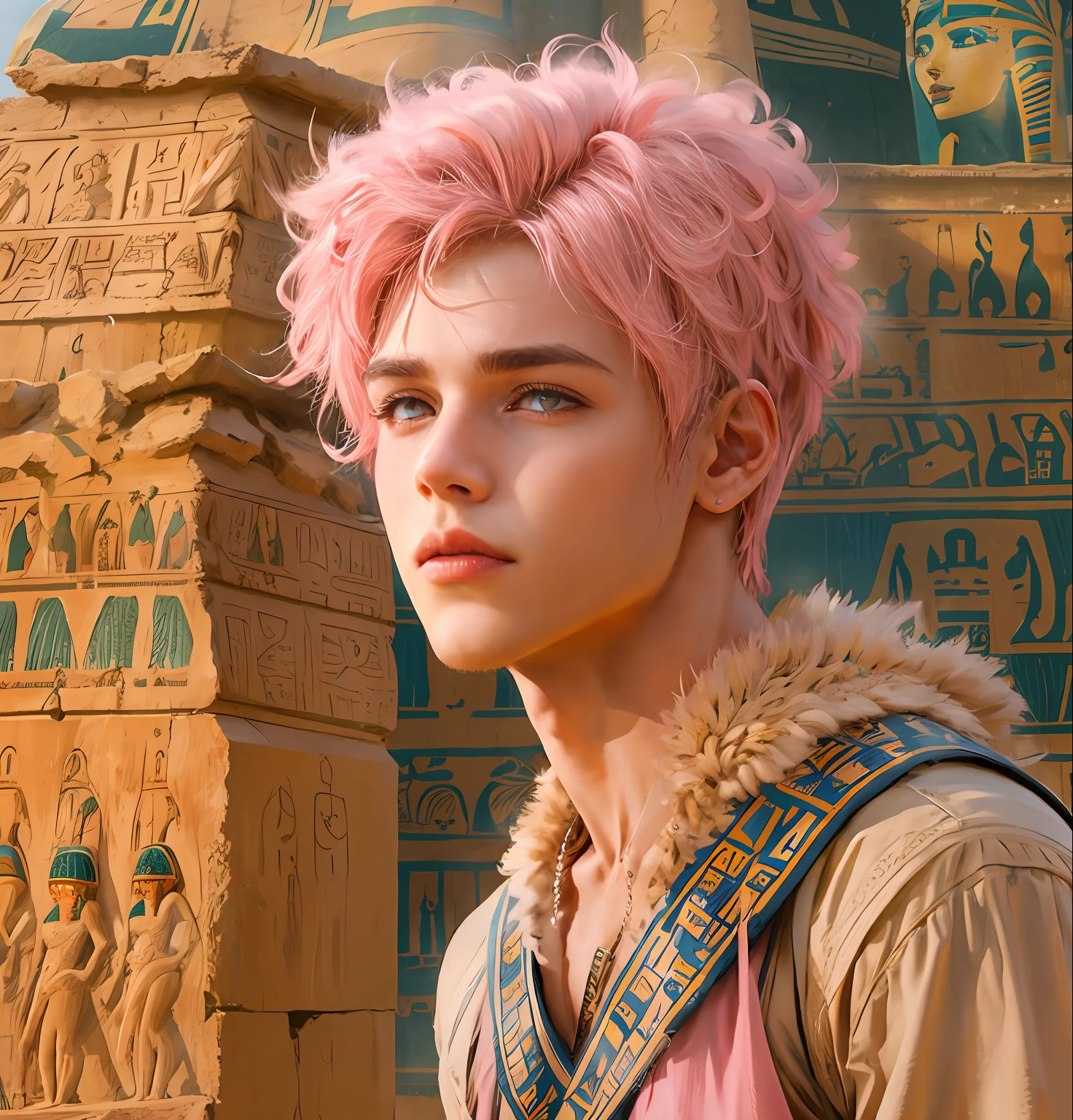 A 15-year-old boy with pink hair is a man who has honey-colored eyes in the background of ancient Egypt you can see the pyramids
