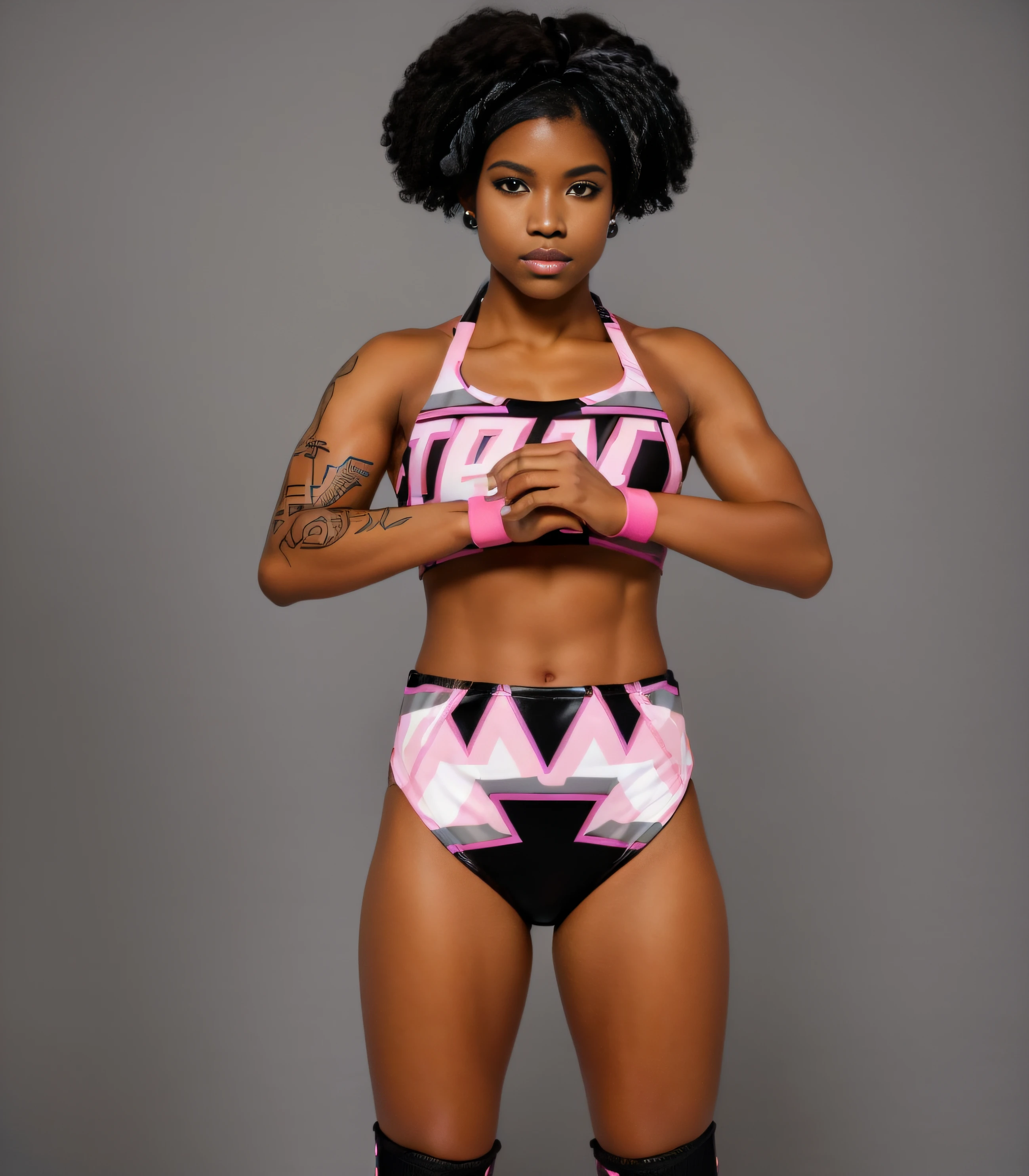 masterpiece, best quality)), Black female wrestler with small Afro, black  medical tattoos, (in black pink and grey triangle patterned vinyl sports bra  that says TRACI) - SeaArt AI