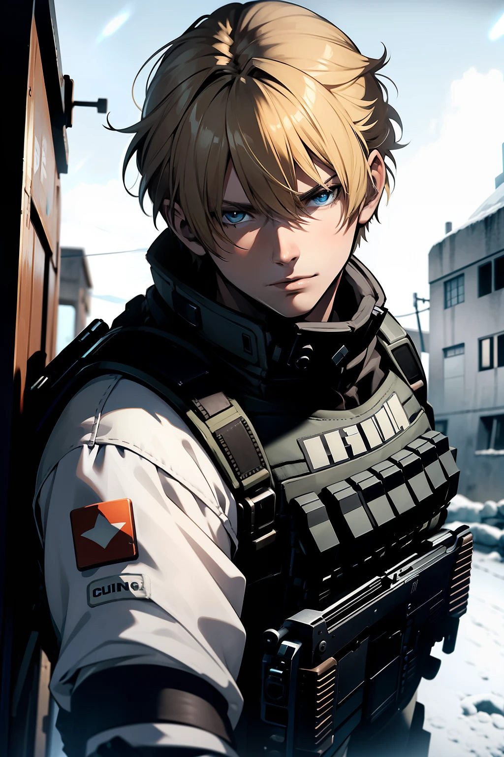 young man, face of Leon Kennedy, blond hair, black letter bulletproof vest, white army combat shirt, holding a submachine gun, in antartica, snow, shooting, crossfire