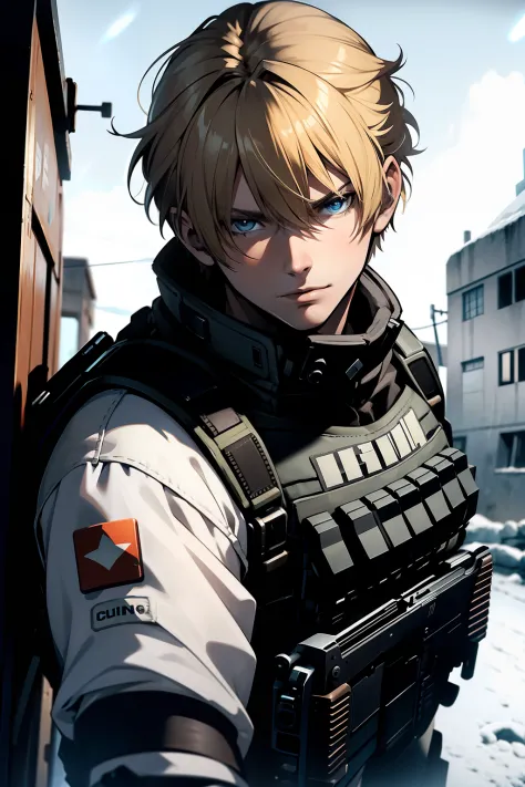 young man, face of Leon Kennedy, blond hair, black letter bulletproof vest, white army combat shirt, holding a submachine gun, i...