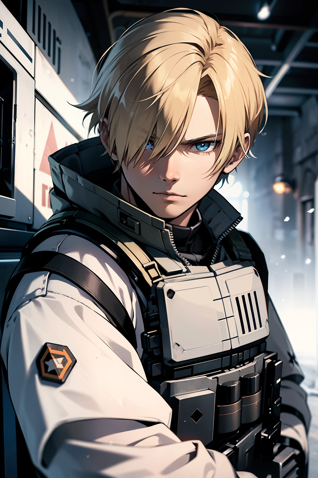 junger Mann, Gesicht von Leon Kennedy, blondes Haar, kugelsichere Weste mit schwarzem Buchstaben, weißes Army-Kampfhemd, eine Maschinenpistole halten, in der Antarktis, Schnee, Schießen, CrossFire