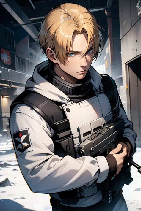 young man, face of Leon Kennedy, blond hair, black letter bulletproof vest, white army combat shirt, holding a submachine gun, i...