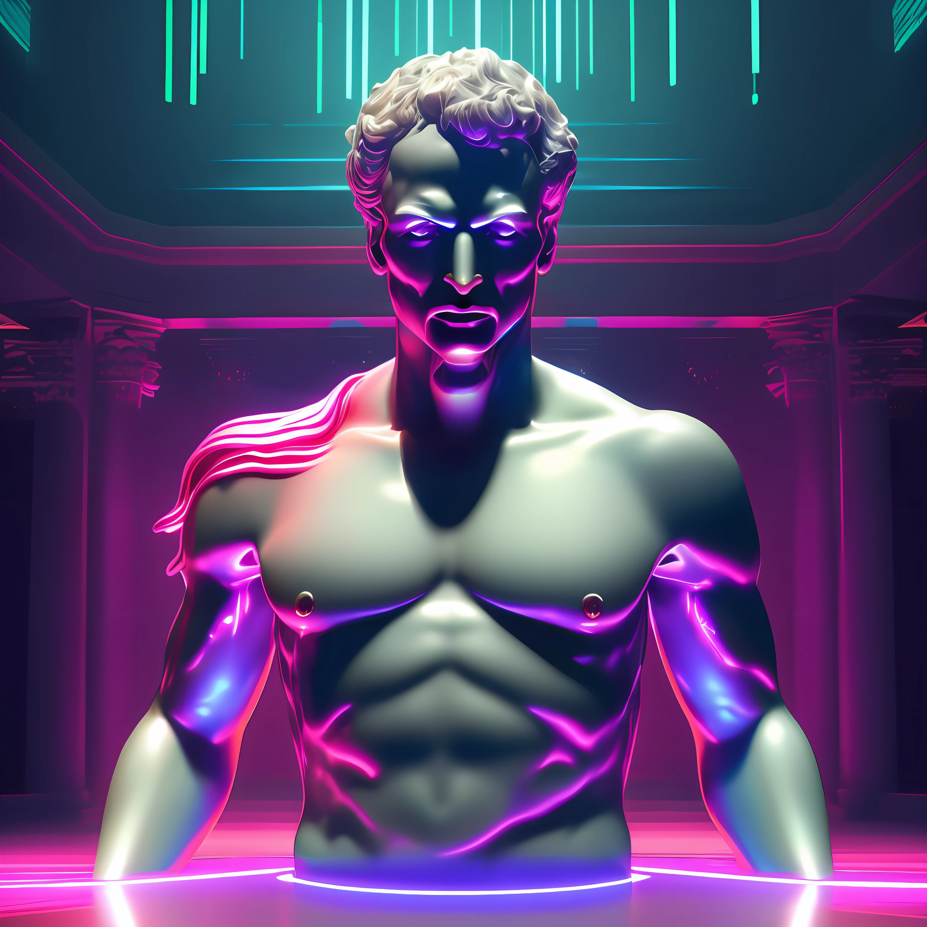 a close up of a statue with lines coming out of it, by Mike Winkelmann, holography, vaporwave!, octane render, greek god, blind, neon roman, stoic attitude