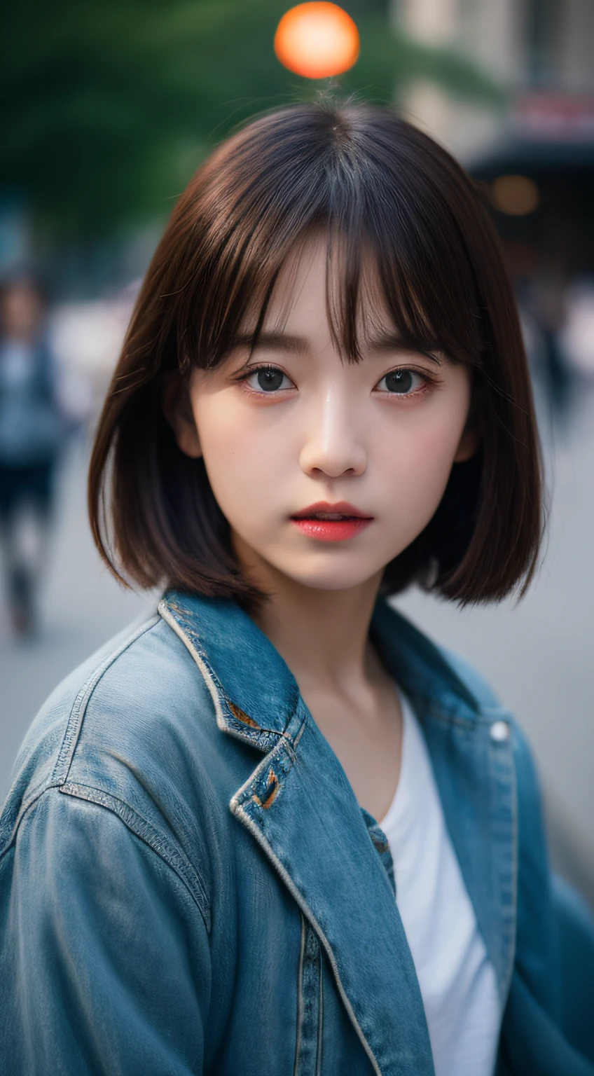 ​masterpiece, top-quality, Raw foto, Photorealsitic、full body Esbian、 beautiful a girl, cute little, shorth hair, depth of fields, hight resolution, ultra-detailliert, finely detail, ighly detailed, extremely detailed eye and face, Sharp pupils, Realistic pupils, foco nítido, Cinematic lighting、small 、In the street、Casual wear