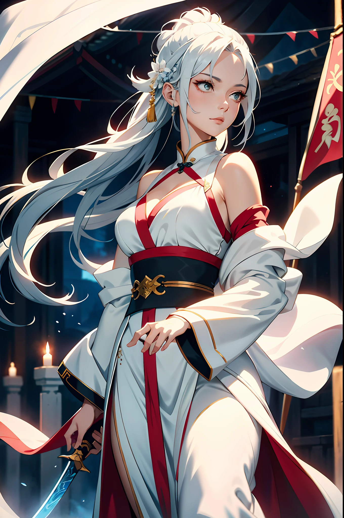 a close up of a woman with a sword in a white dress, a character portrait by Yang J, trending on cgsociety, fantasy art, beautiful character painting, artwork in the style of guweiz, guweiz, white hanfu, flowing white robes, full body wuxia, epic exquisite character art, stunning character art, beautiful female assassin