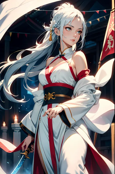 a close up of a woman with a sword in a white dress, a character portrait by Yang J, trending on cgsociety, fantasy art, beautiful character painting, artwork in the style of guweiz, guweiz, white hanfu, flowing white robes, full body wuxia, epic exquisite...