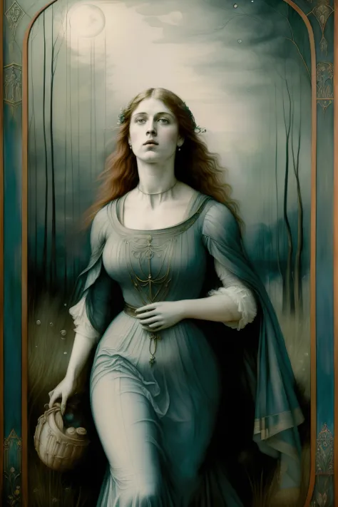 (((Pre-Raphaelite painting of a ghostly woman flees in horror, paisagem celta, espinheiro-branco, na noite de lua)))