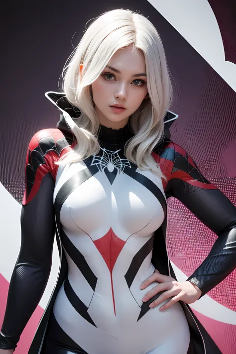 spider gwen, hot, partial , hight quality, dynamic poses, 25 years old, beautiful, gorgeous, in love, white hair, short suit, spider on suit, white black red suit