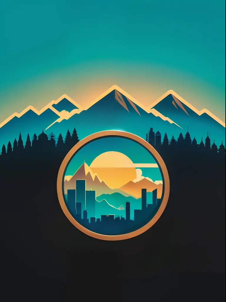 circular design, t-shirt design, skyline with mountains and bright sun, 16k, pixar, jpeg artifacts, isometric, fujifilm