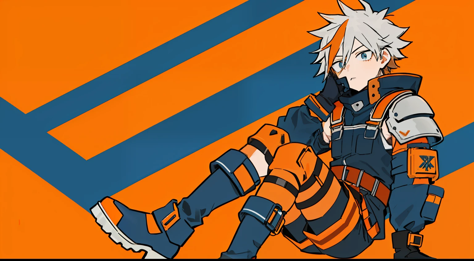 ((Masterpiece, highest quality)), detailed face, character sheet, Full body,  full of details, multiple poses and expressions, highly detailed, depth, many parts, My Hero Academia style, anime boy, male, young male, Covered head, helmet, black helmet with skull teeth on chin, covered face, hero costume, full body suit, Dark Indigo Blue Color Suit with Orange Lines, Black Metal Overalls with Orange Lines,silver metal elbow pads, silver metal shoulder pads, silver metal knee pads, orange metal shin guards, orange metal armbands, two-tone gloves, dark indigo blue gloves with orange lines, dark indigo blue knee boots with orange lines, orange metal toe cap boots, Black belt,