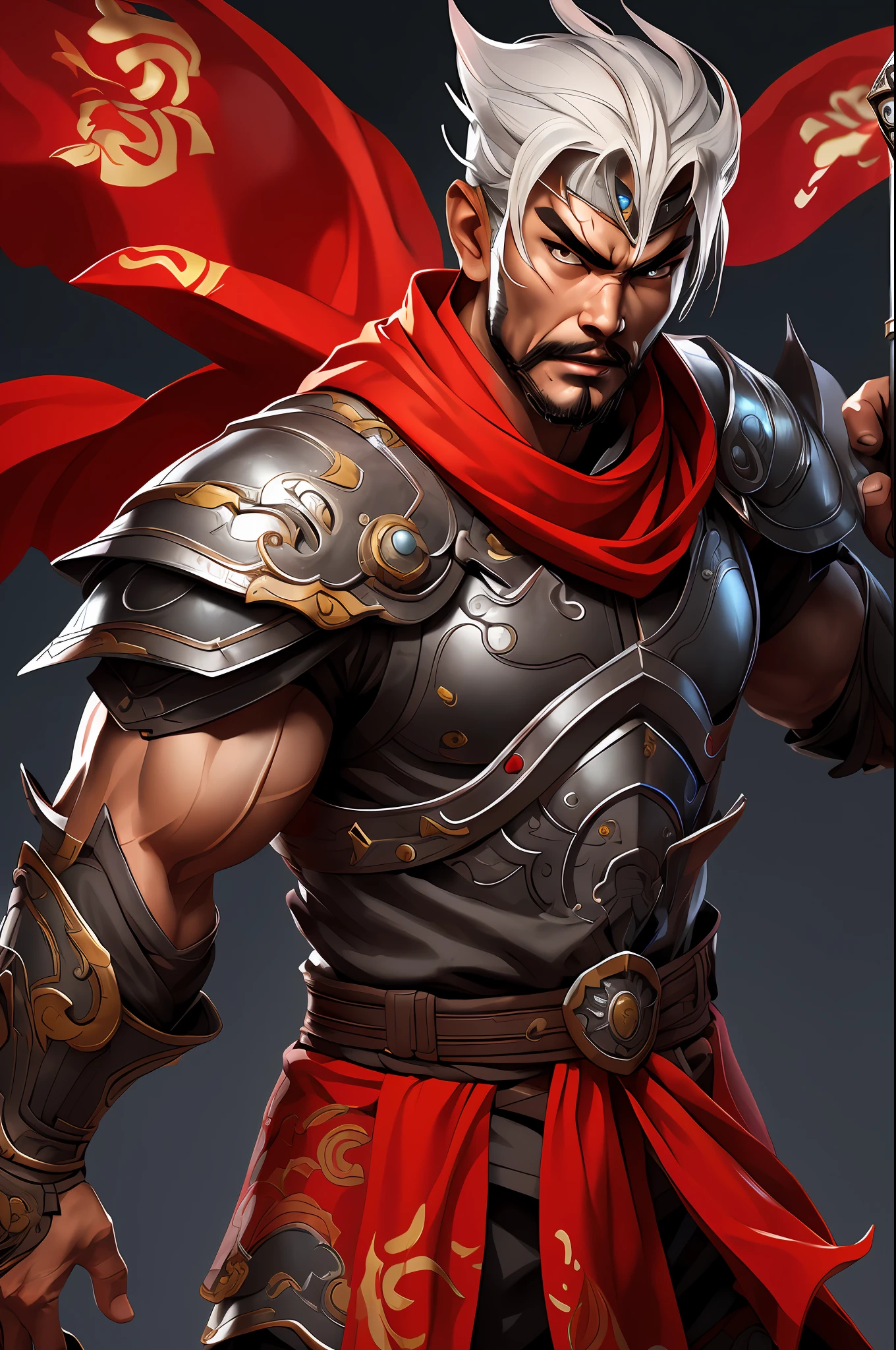 Sun jian dynesty worriors game, chinese male, chinese, cape, armor, weapon,solo, 1boy, strong, muscular male, wide waist, fire,  armor, big eyes, high resolution, battlefield, highly detailed