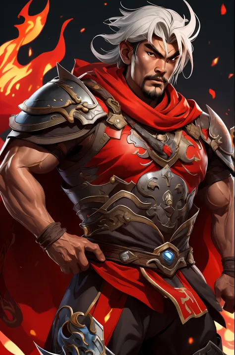 Sun jian dynesty worriors game, chinese male, chinese, cape, armor, weapon,solo, 1boy, strong, muscular male, wide waist, fire, ...