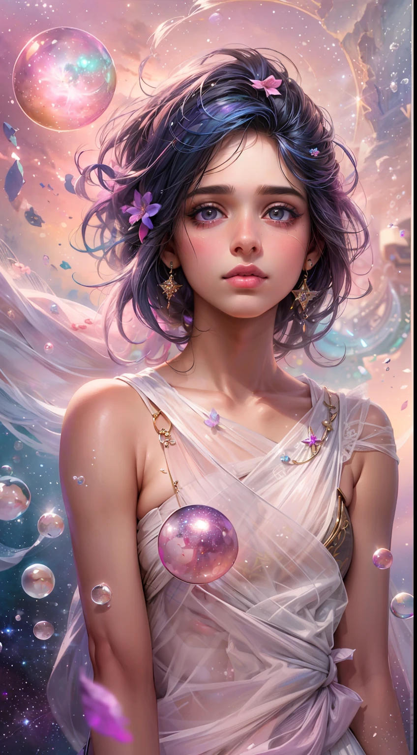 ((masterpiece)). This artwork is sweet, dreamy and ethereal, with soft pink watercolor hues and candy accents. Generate a delicate and demure fae exploring a (bubblegum world with a wide variety of pastel shades). Her sweet face is extremely detailed and realistic with elegant features and a fierce expression, and looks like ((((naomi scott)))). Include mature features and stunning, highly realistic eyes. Her eyes are important and should be realistic, highly detailed, and beautiful. In high definition and detail, include lots of details like stars, galaxies, colorful bubbles, colorful petals, and lots of energy and emotion! The stars and colorful bubblegum bubbles are important! Include fantasy details, enhanced details, iridescence, colorful glittering wind, and pollen. Pay special attention to her face and make sure it is beautifully and realistically detailed. The image should be dreamy and ethereal.8k, intricate, elegant, highly detailed, majestic, digital photography