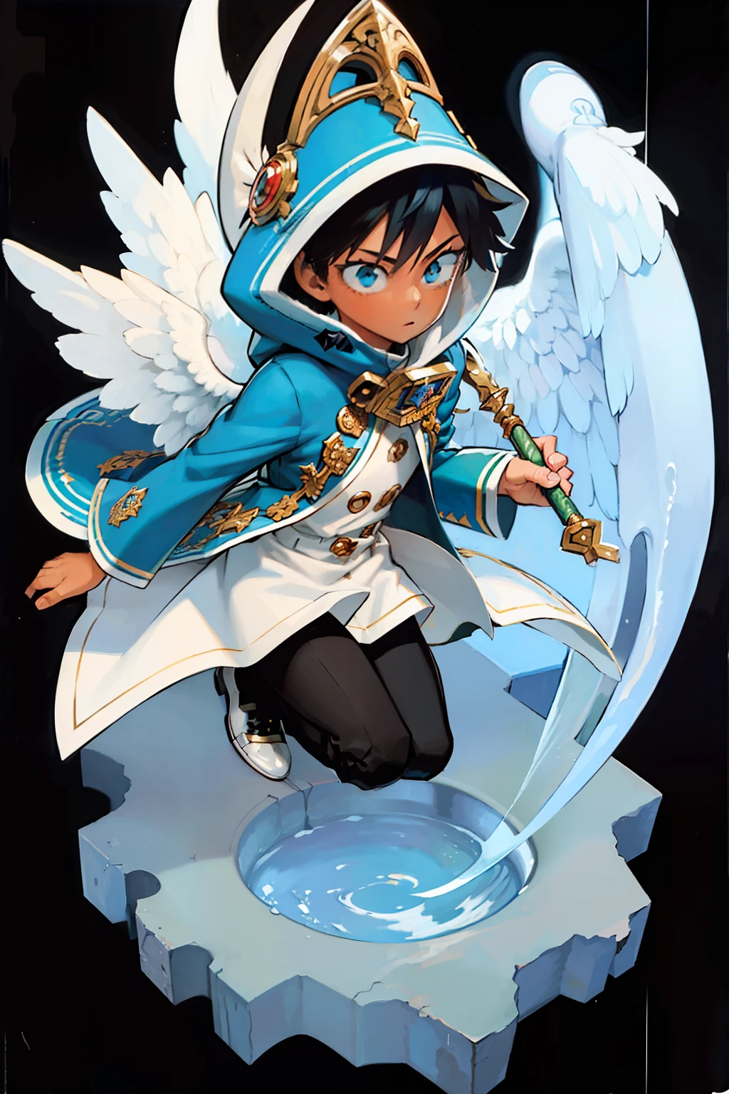 ((Masterpiece, highest quality)), (style), detailed face, full of details, highly detailed, depth, full body 1boy, young male, shota, blue eyes, ((dark skin)), angel wings, water, white pants, blue hooded jacket, long sleeves, hood on head, wearing hood, short black hair, closed mouth,