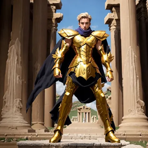masterpiece, best quality, masterpiece, detailed face, detailed eyes, full body,  Chris Evans wearing golden armor, black scarf, Atlantis  greek temple ruins, fight pose, red atack