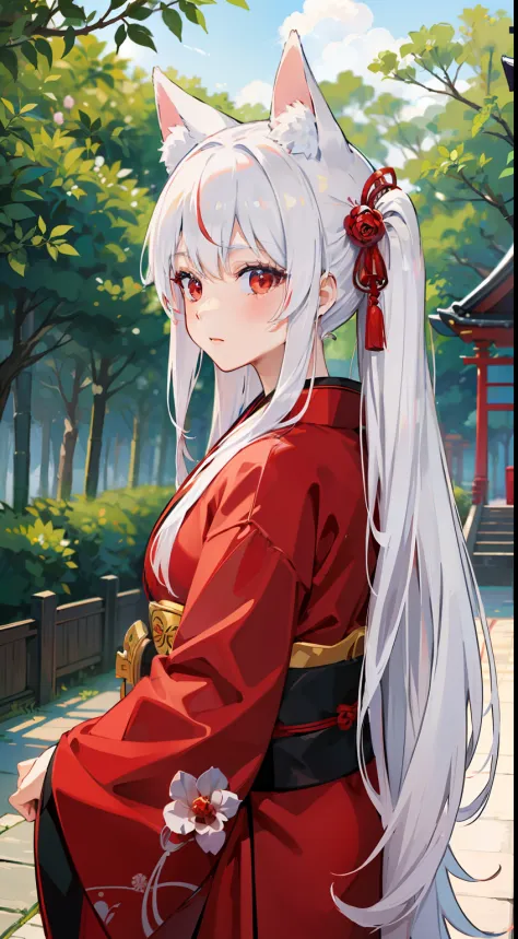 (best quality,ultra detailed)、1girl、summer、fox mask、red kimono、japan shrine、fox year、super white hair、red eyes、sidetale hair、bamboo grove