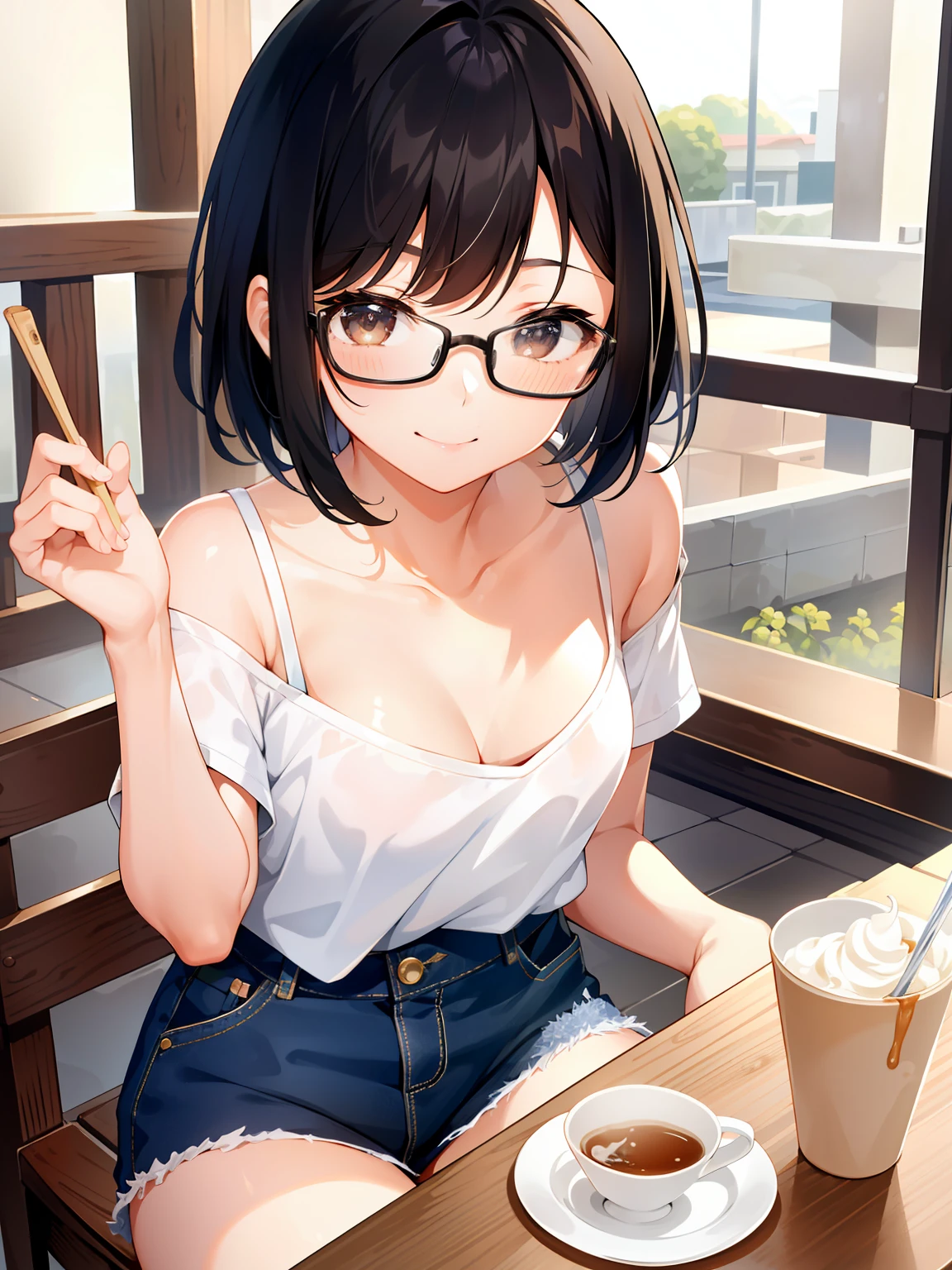 (girl with、独奏、a junior high school student、A dark-haired、short-hair、a short bob、Light brown eyes、A smile、wearing black glasses、small tits、cute  face)、​masterpiece、best qualtiy、ultra-detailliert、tea shop、Soft-serve ice cream on top of pancakes、short pants、camisole