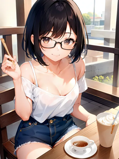 (girl with、独奏、a junior high school student、A dark-haired、short-hair、a short bob、Light brown eyes、A smile、wearing black glasses、s...