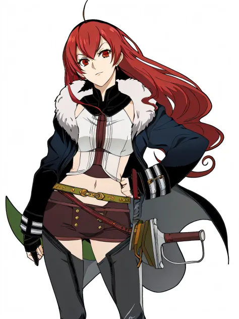 garota anime com cabelo vermelho e uma capa preta segurando uma faca, female redhead templar, garota de anime desonestos, erza s...