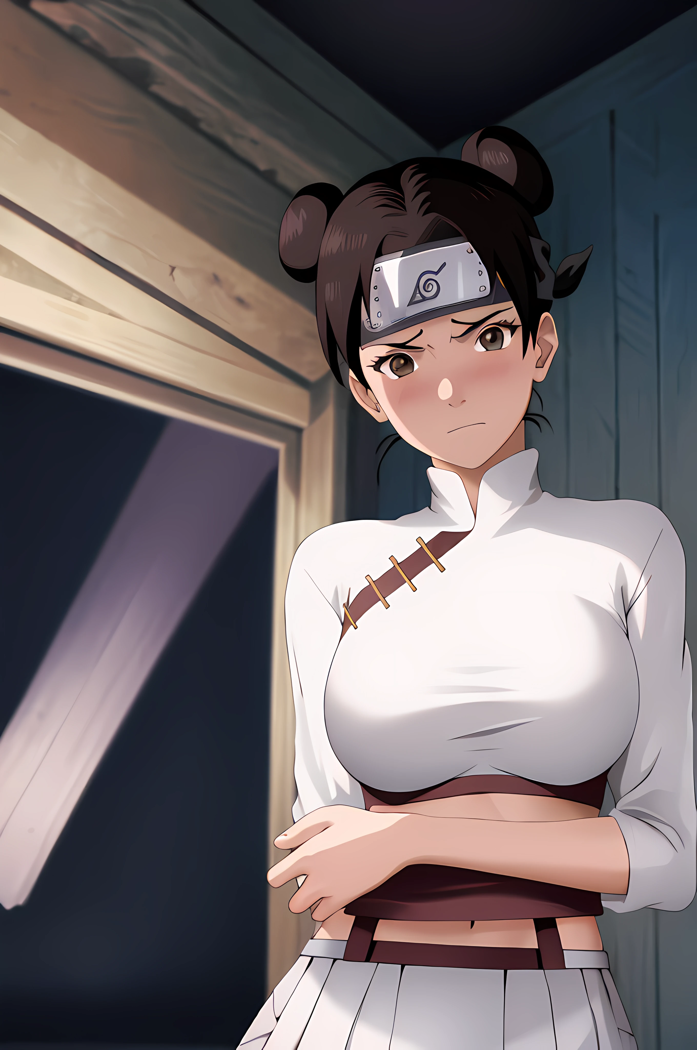 masterpiece, absurdres , (intricate details), (colorful),cinematic lighting,bust shot,extremely detailed CG unity 8k wallpaper,tenten\(shippuden\), 1girl, solo, large breasts, forehead protector, konohagakure symbol, headband, looking at viewer, frown, (white sports bra), (white miniskirt), (field background), blushing, tennis racket, skinny waist, ((busty)), thighs,