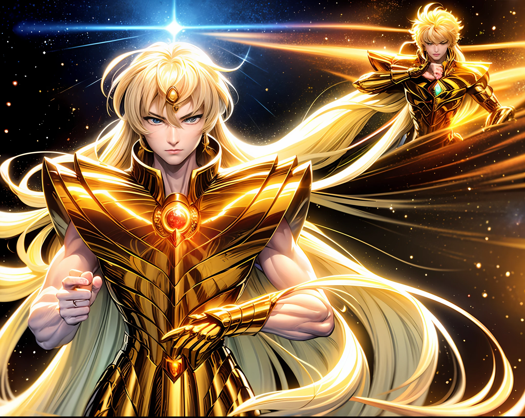 jim lee, ((1man)), (masterpiece, 16K, Alex Ross style, less cartoony anatomy:1.3), (Shaka of Virgo from Saint Seiya:1.2), (wearing the resplendent Gold Cloth:1.2), (a robust and powerful physique:1.2), (capturing his masculine features with utmost beauty:1.2), (Canon EOS R5 camera, renowned for its high-resolution capabilities:1.2), (paired with a Canon RF 85mm f/1.2L USM lens, perfect for capturing stunning portraits:1.2), (the image showcasing Shaka's luscious golden hair and radiant blue eyes:1.2), (his stoic expression displaying a sense of wisdom and power:1.1), (the intricate details of the Gold Cloth armor meticulously illustrated:1.3), (the portrayal in the Alex Ross style, combining the best of comic art and realism:1.1), (a work of art that transcends the boundaries between manga and hyper-realism:1.1), (the richness of the 16K resolution capturing every minute detail:1.3), (the background featuring a celestial and ethereal ambiance, adding to the mystical aura:1.2), (the image a visual masterpiece, showcasing the magnificence of Shaka of Virgo in all his glory:1.1).